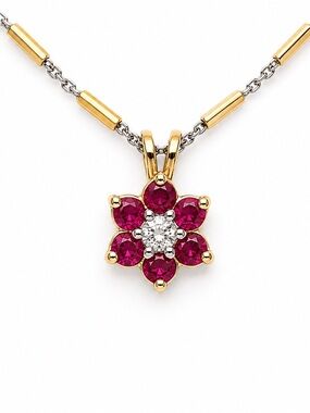 Solid 10K Yellow Gold Natural Ruby & Diamond Flower Pendant Dainty Estate Charm
